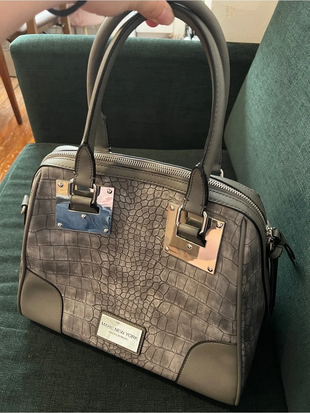 Andrew Marc Gray Croc-Embossed Satchel with removable cross-body strap.